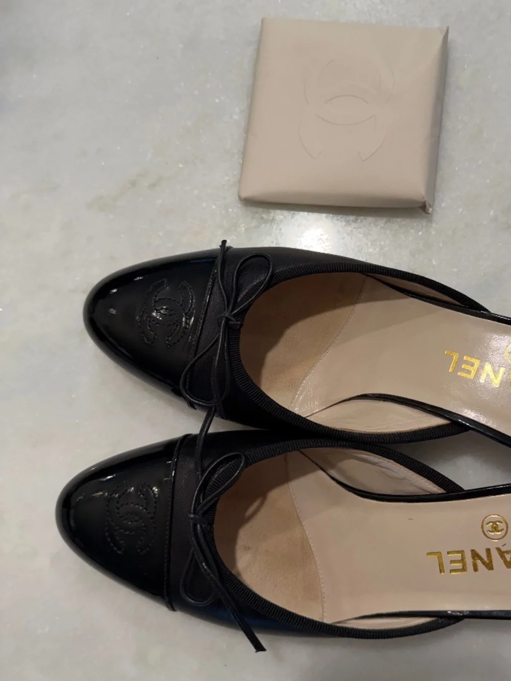 Vintage Chanel Black Leather & Patent Cap Toe CC Bow Kitten Heel Mules